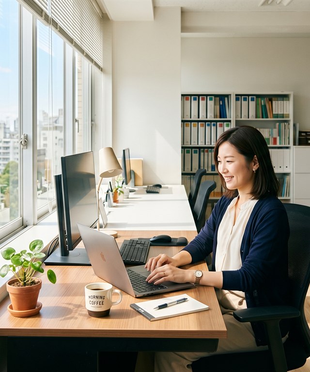 片づいた事務室で朝の光のなか働く様子