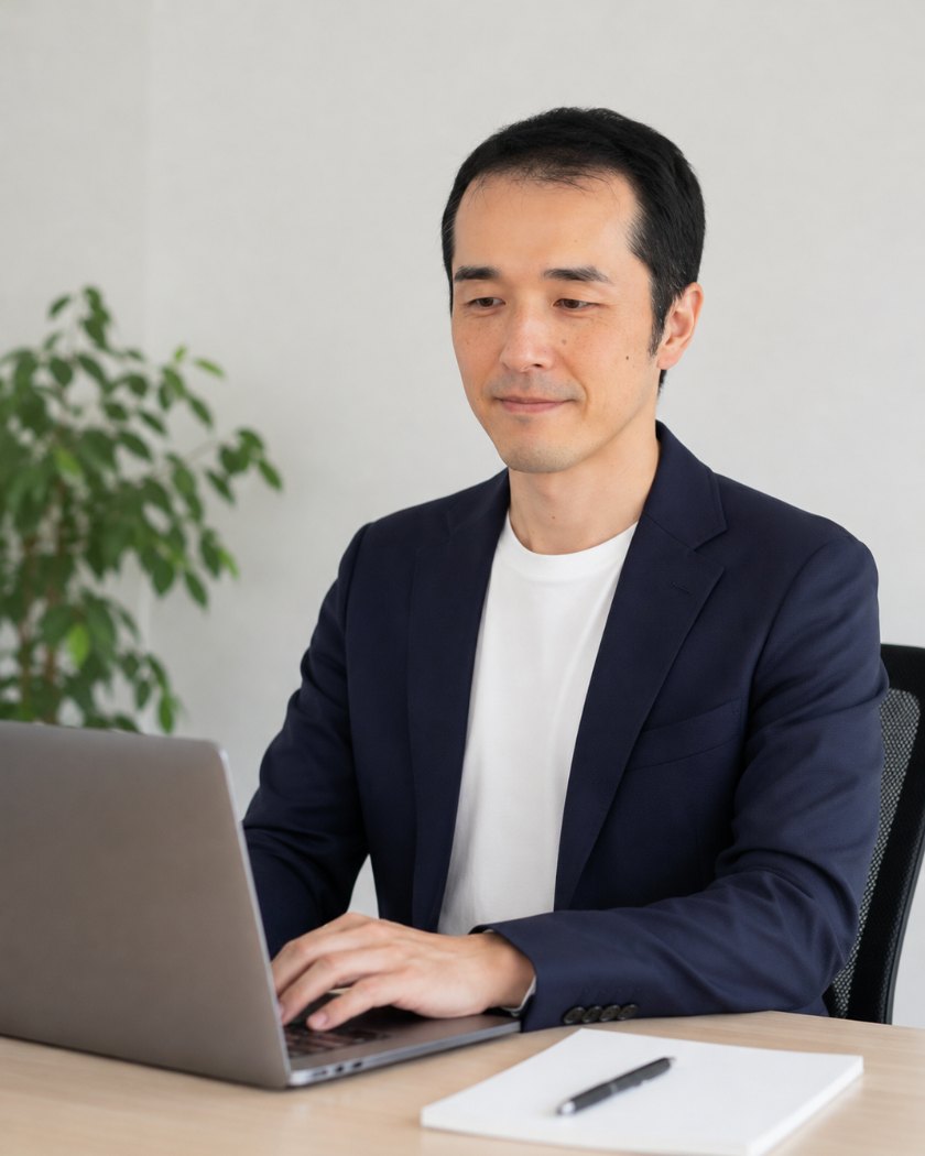 ノートパソコンで医院の経理を進めるUsassist代表 上沢 丞